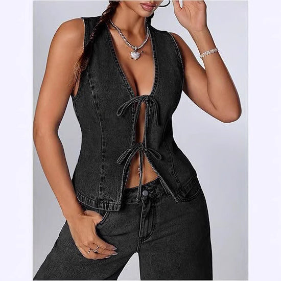 European And American Style Fashionable Slim-Fit Washed Denim Lace-Up Womens Denim Vest