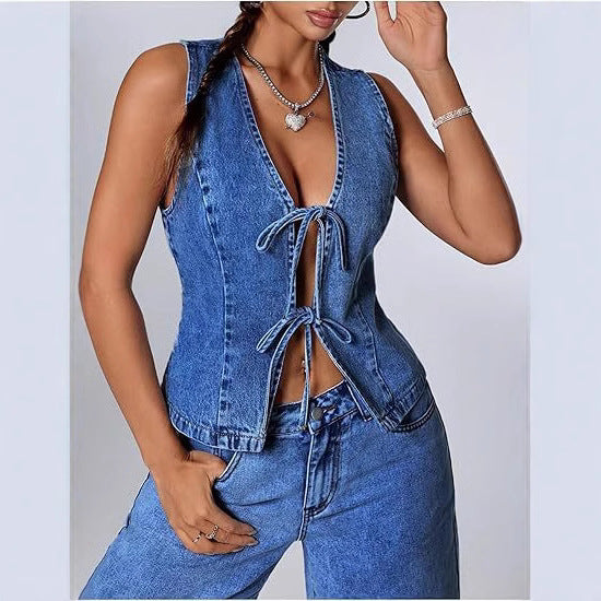 European And American Style Fashionable Slim-Fit Washed Denim Lace-Up Womens Denim Vest