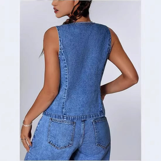 European And American Style Fashionable Slim-Fit Washed Denim Lace-Up Womens Denim Vest
