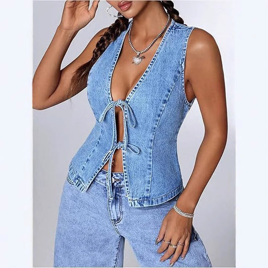 European And American Style Fashionable Slim-Fit Washed Denim Lace-Up Womens Denim Vest
