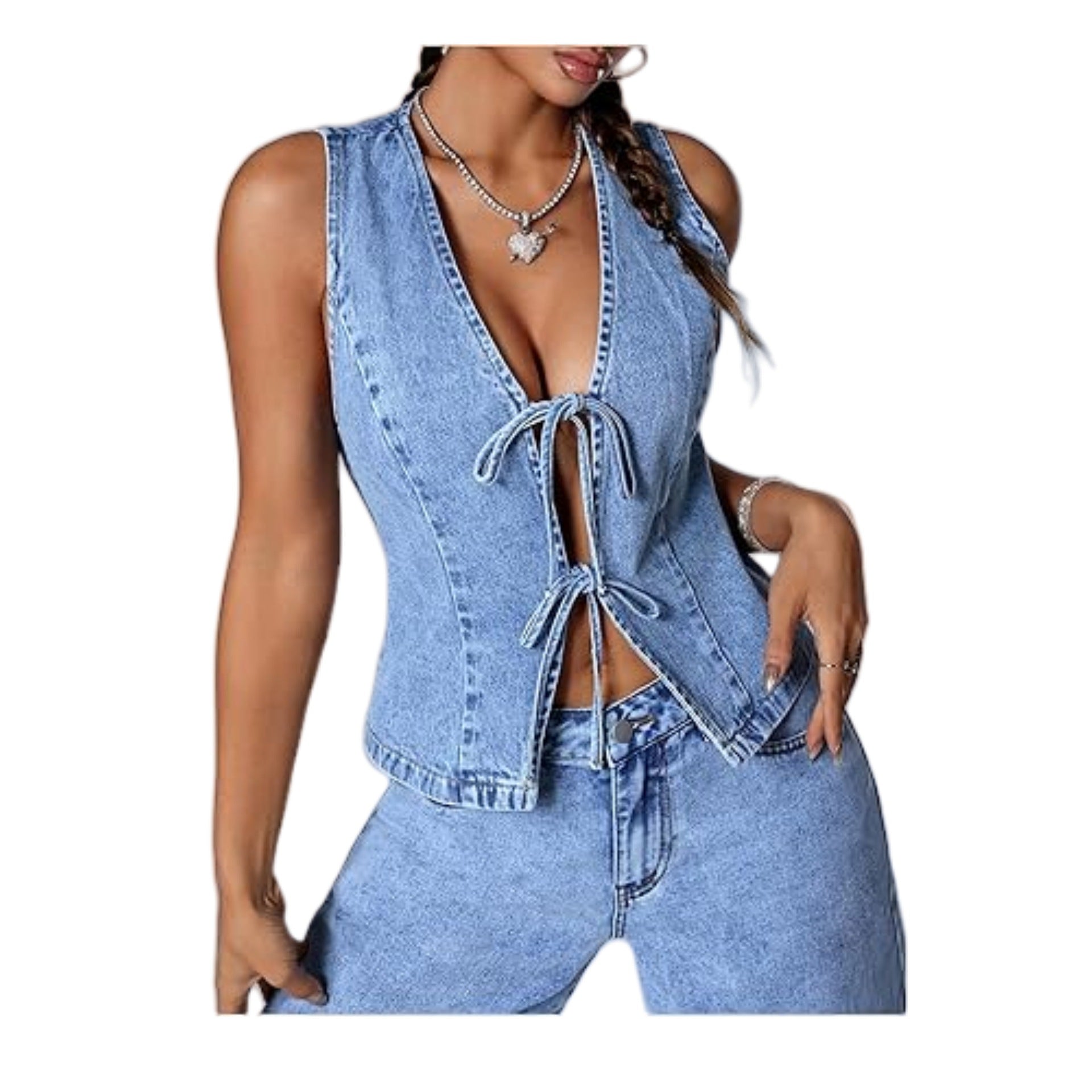 European And American Style Fashionable Slim-Fit Washed Denim Lace-Up Womens Denim Vest